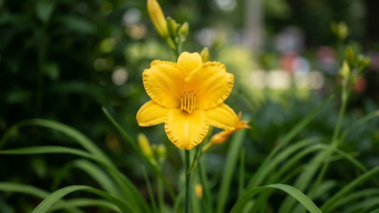 Buttered Popcorn Daylily (Hemerocallis 'Buttered Popcorn') - yellow flowers, illustrated plant card