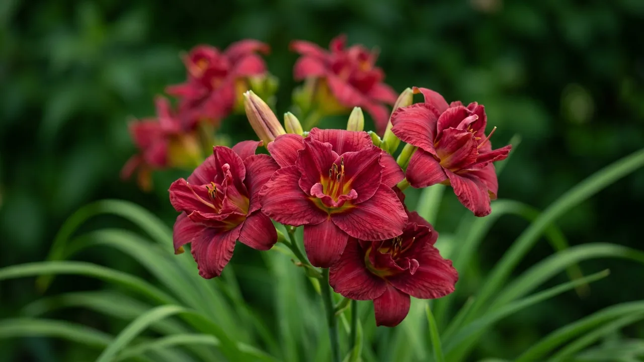 Double Pardon Me Daylily (Hemerocallis 'Double Pardon Me') - red flowers, illustrated plant card