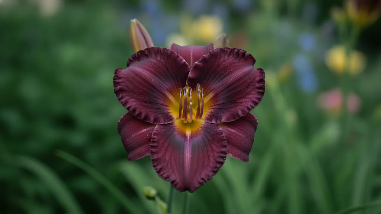 Purple de Oro (Hemerocallis 'Purple de Oro') - purple flowers, illustrated plant card
