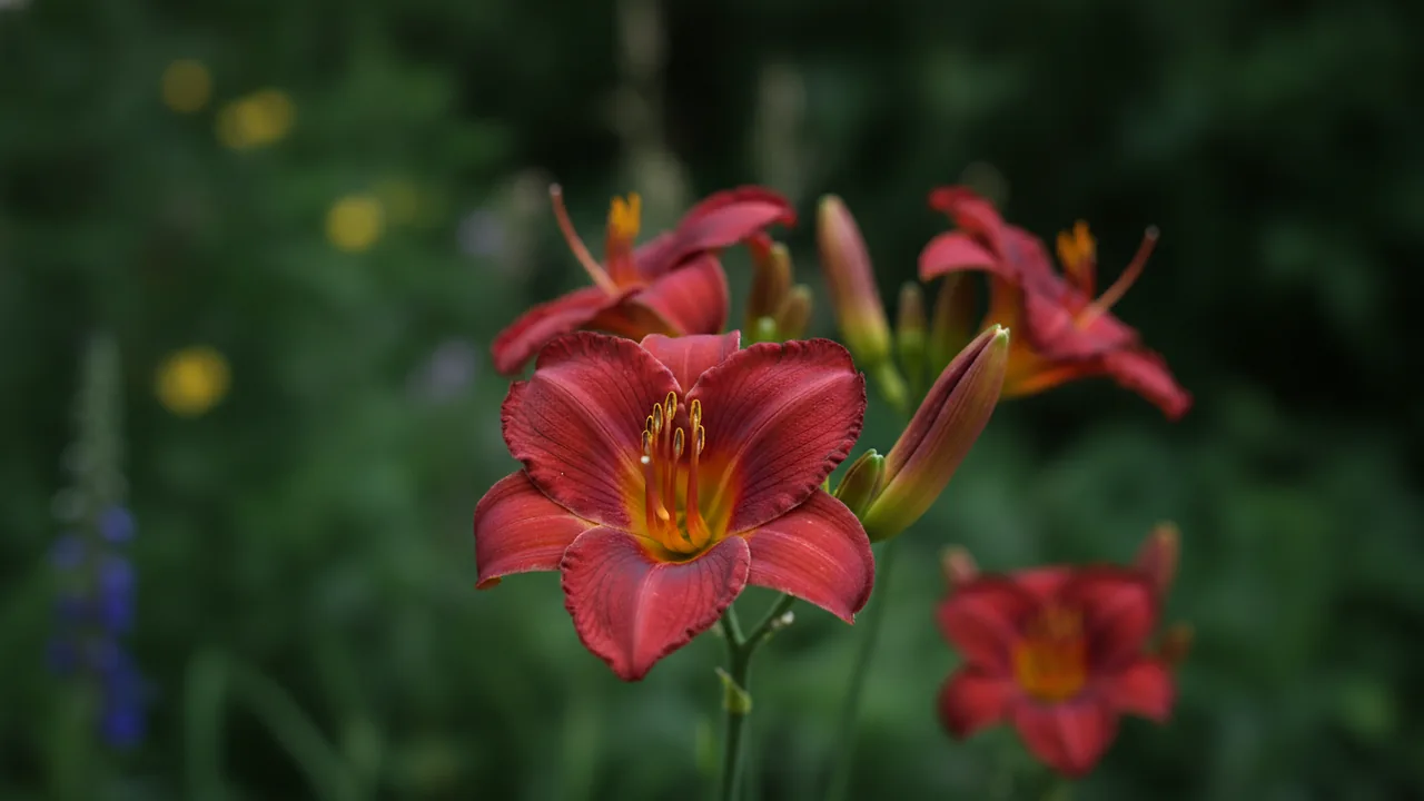 Ruby Stella (Hemerocallis 'Ruby Stella') - red flowers, illustrated plant card
