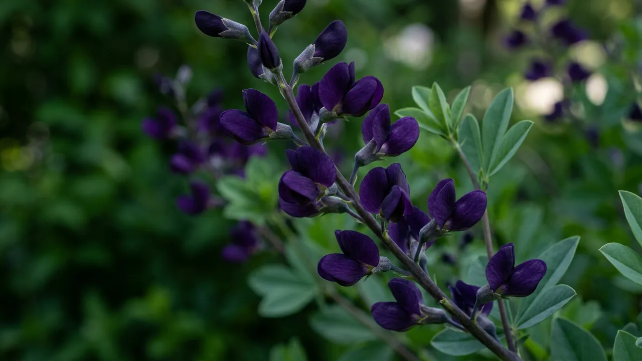 Decadence Dark Chocolate False Indigo (Baptisia 'Dark Chocolate') - purple flowers, illustrated plant card
