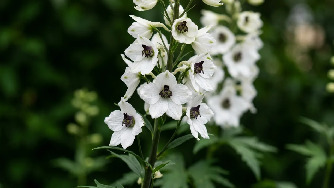 Black Eyed Angels Delphinium (Delphinium 'Black Eyed Angels') - white flowers, illustrated plant card