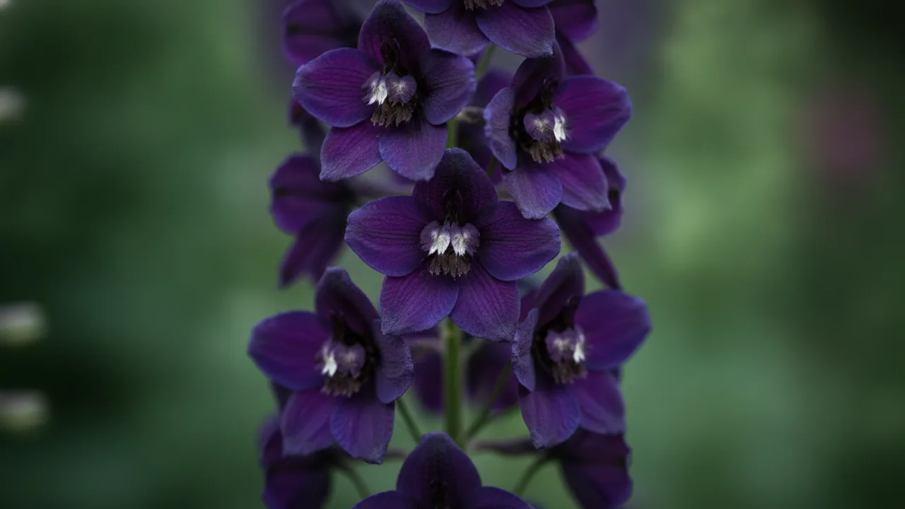 Black Knight (Delphinium 'Black Knight') - purple flowers, illustrated plant card