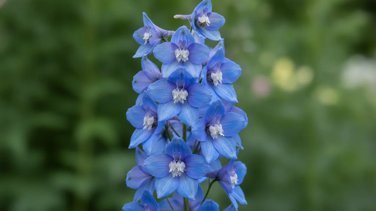 Blue Bird (Delphinium 'Blue Bird') - blue flowers, illustrated plant card