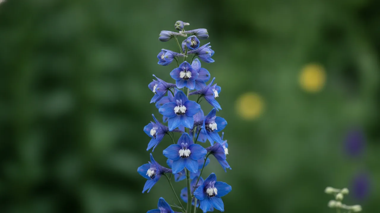 Blue Jay (Delphinium 'Blue Jay') - blue flowers, illustrated plant card