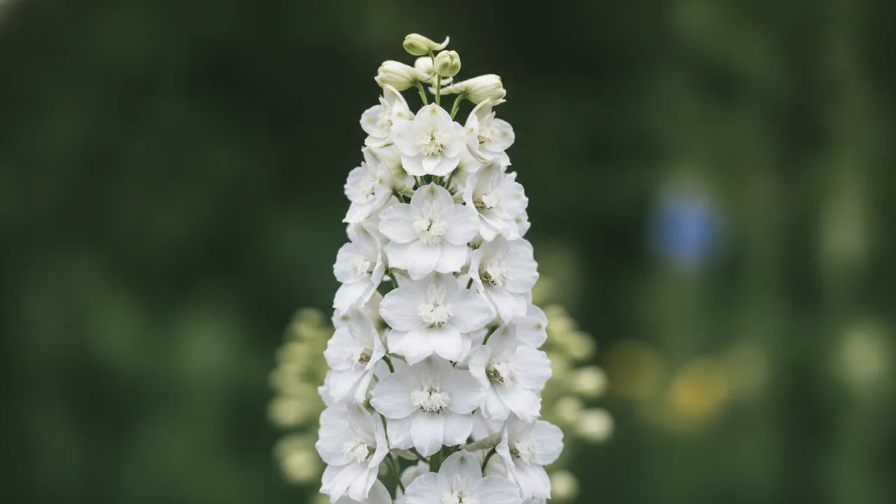 Galahad (Delphinium 'Galahad') - white flowers, illustrated plant card