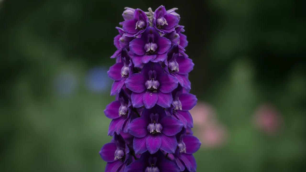 King Arthur (Delphinium 'King Arthur') - purple flowers, illustrated plant card