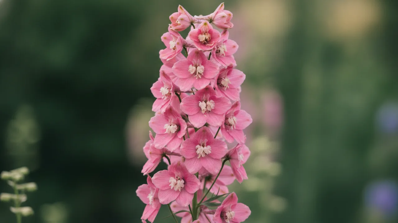 Magic Fountains Cherry Blossom (Delphinium 'Magic Fountains Cherry Blossom') - pink flowers, illustrated plant card
