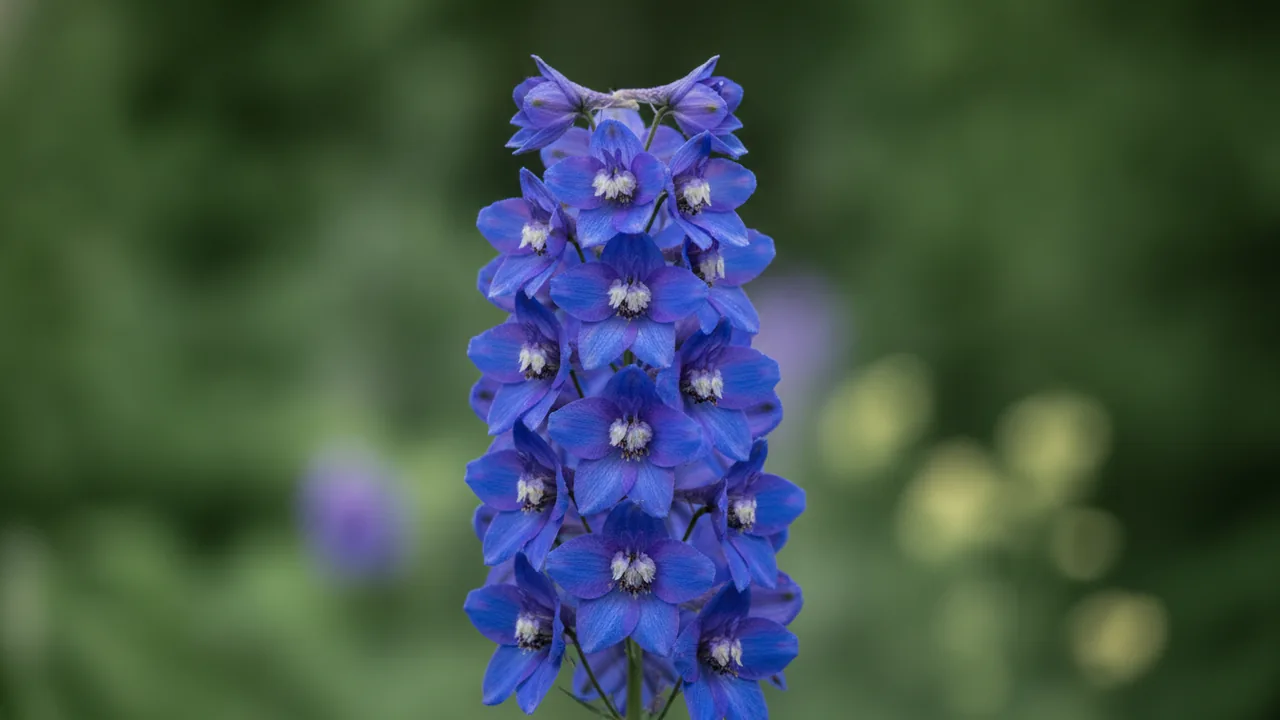 Magic Fountains Dark Blue (Delphinium 'Magic Fountains Dark Blue') - blue flowers, illustrated plant card