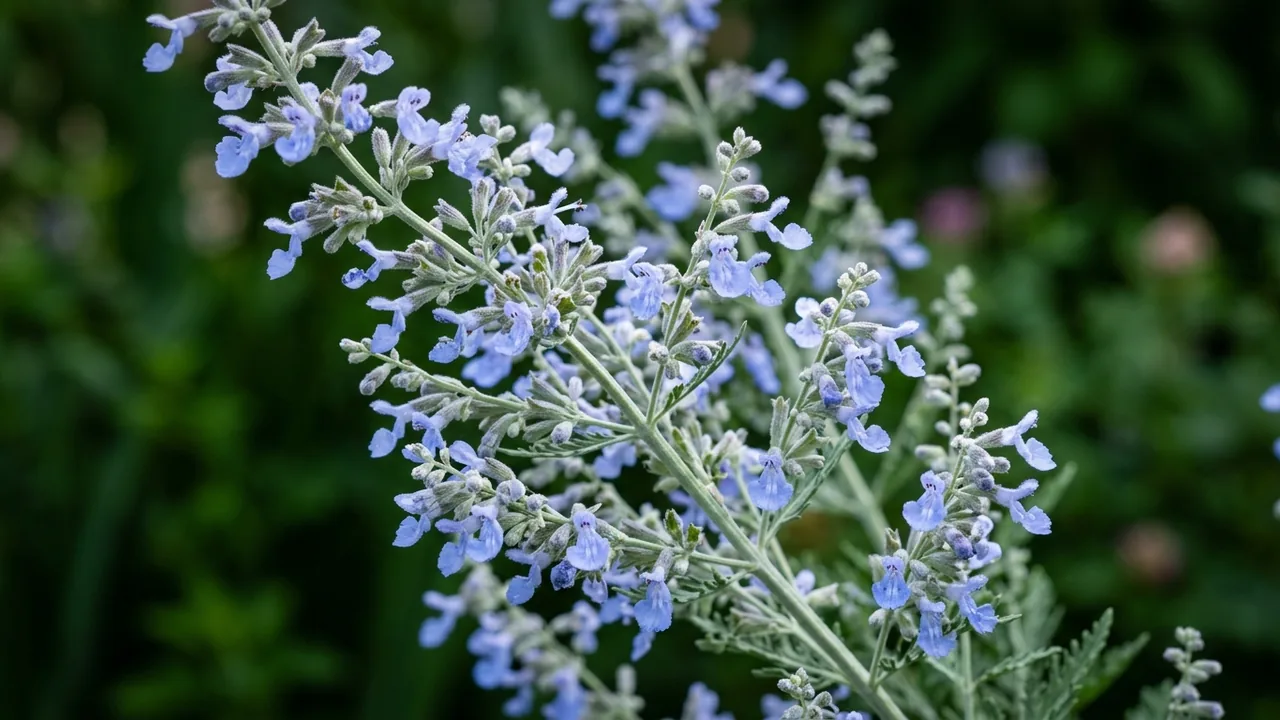 Denim 'n Lace Russian Sage (Salvia yangii 'Denim 'n Lace') - blue flowers, illustrated plant card