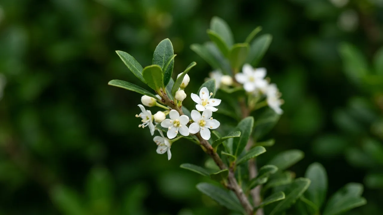 Densa Inkberry (Ilex glabra 'Densa') - white flowers, illustrated plant card