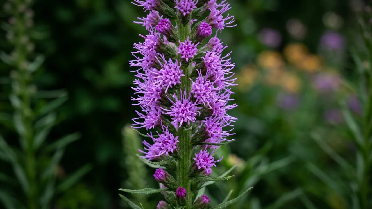 Dense Blazing Star (Liatris spicata) - purple flowers, illustrated plant card