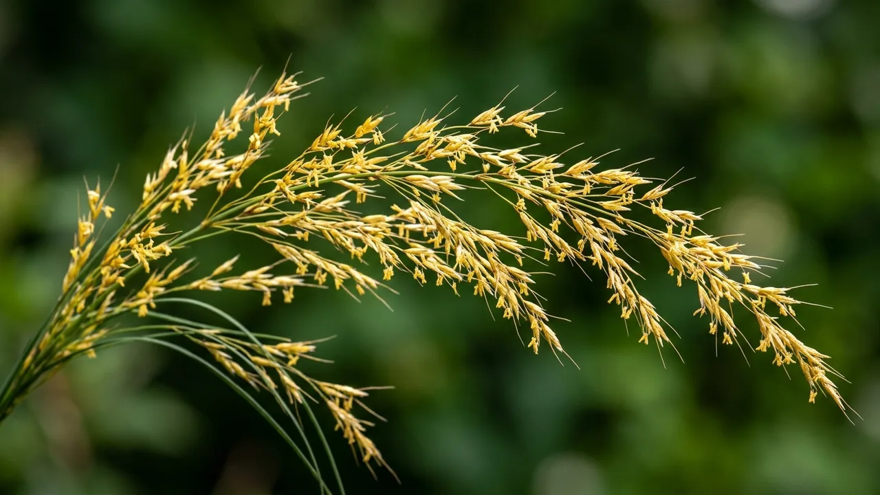 Deschampsia Goldtau Grass (Deschampsia cespitosa 'Goldtau') - yellow flowers, illustrated plant card