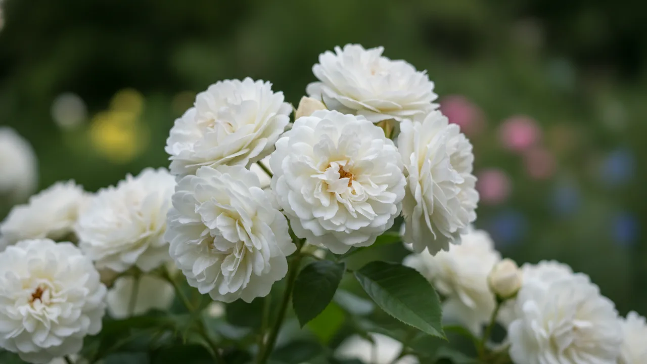 Desdemona (Rosa 'Auskindling') - white flowers, illustrated plant card