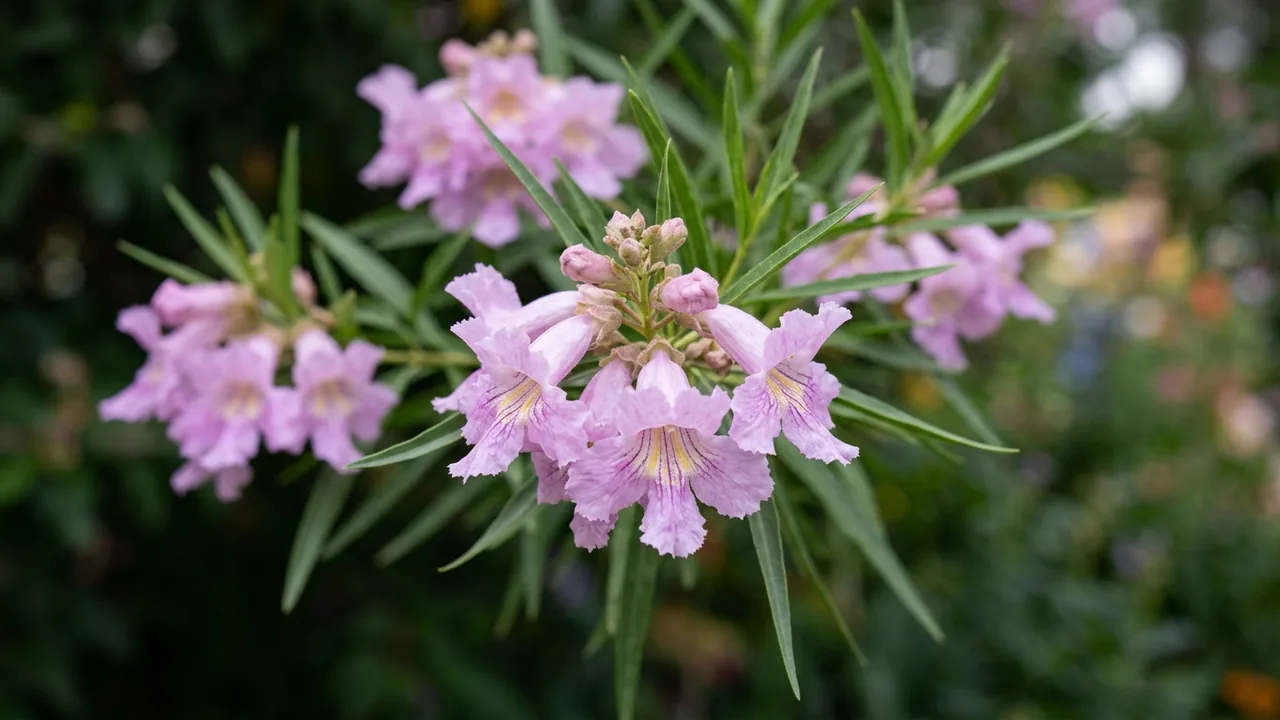 Desert Willow (Chilopsis linearis) - pink flowers, illustrated plant card