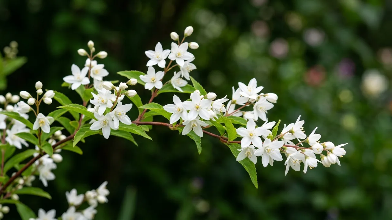Nikko Deutzia (Deutzia gracilis 'Nikko') - white flowers, illustrated plant card