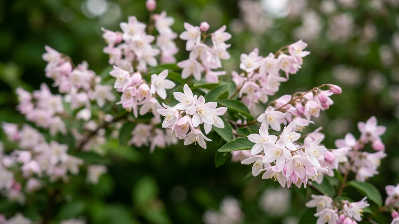Yuki Cherry Blossom Deutzia (Deutzia 'NCDX2') - pink flowers, illustrated plant card