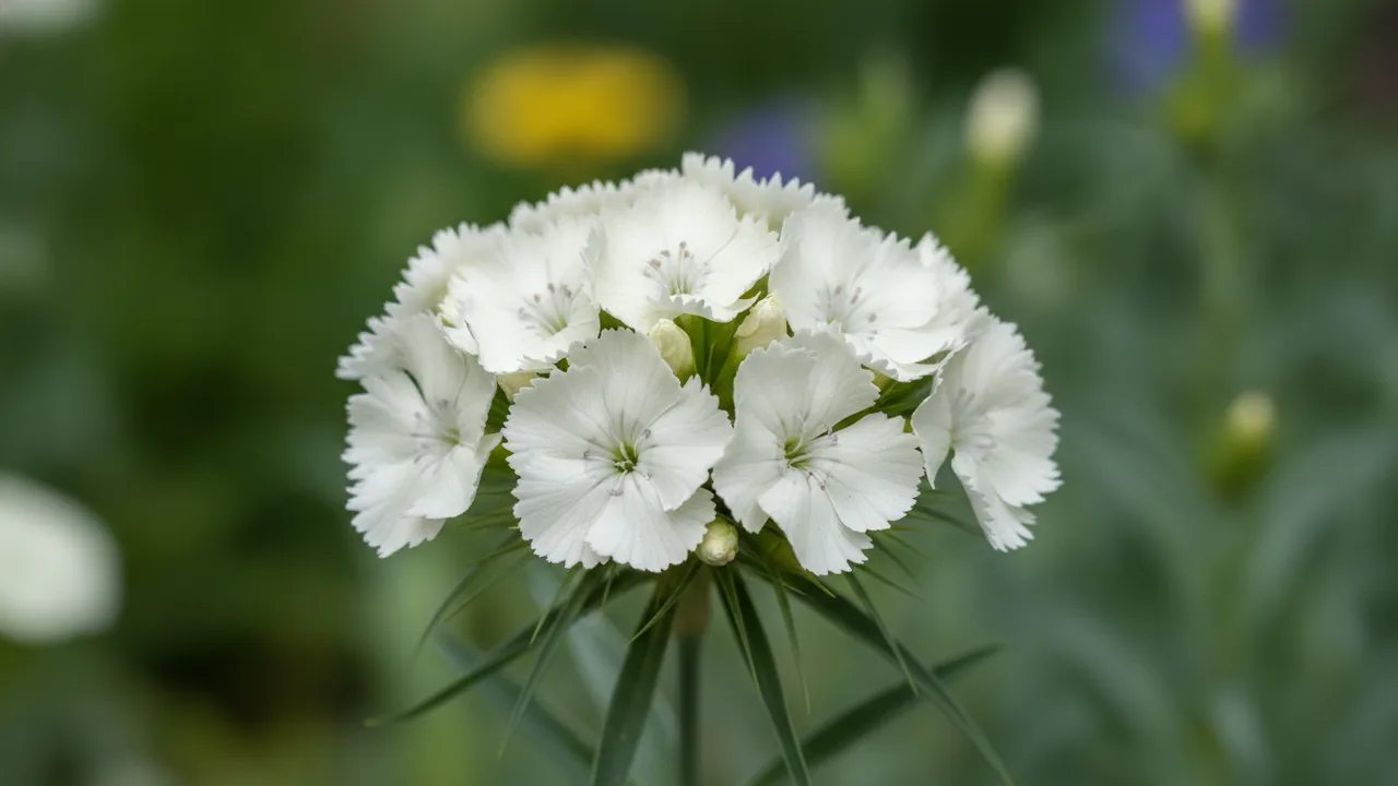 Coconut Surprise (Dianthus 'Coconut Surprise') - white flowers, illustrated plant card