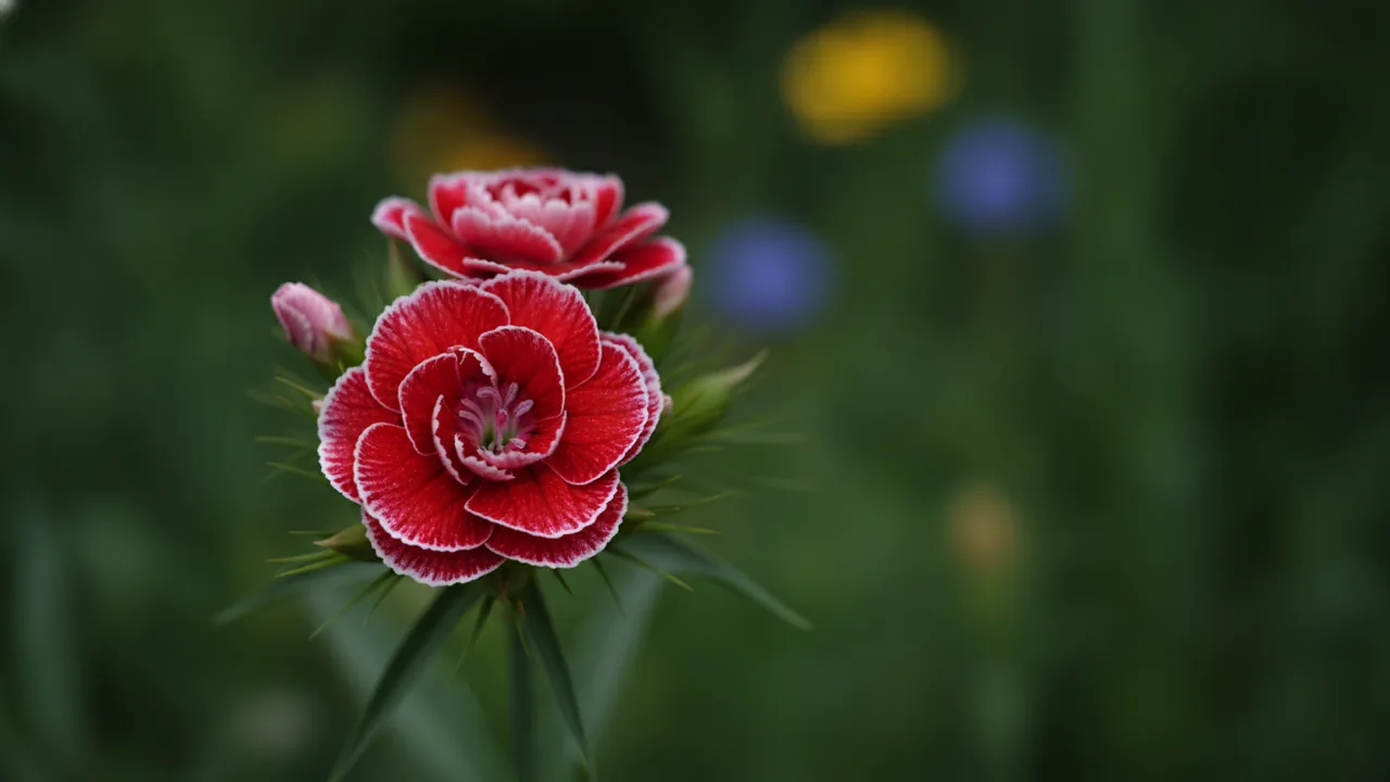 Frosty Fire (Dianthus 'Frosty Fire') - red flowers, illustrated plant card
