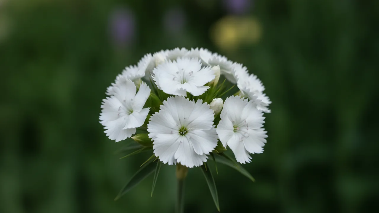 White Pinks (Dianthus 'White') - white flowers, illustrated plant card