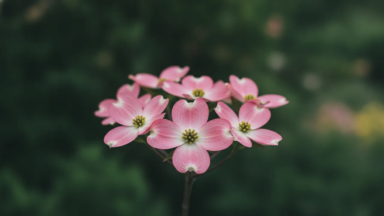 Pink Dogwood (Cornus florida var. rubra) - pink flowers, illustrated plant card