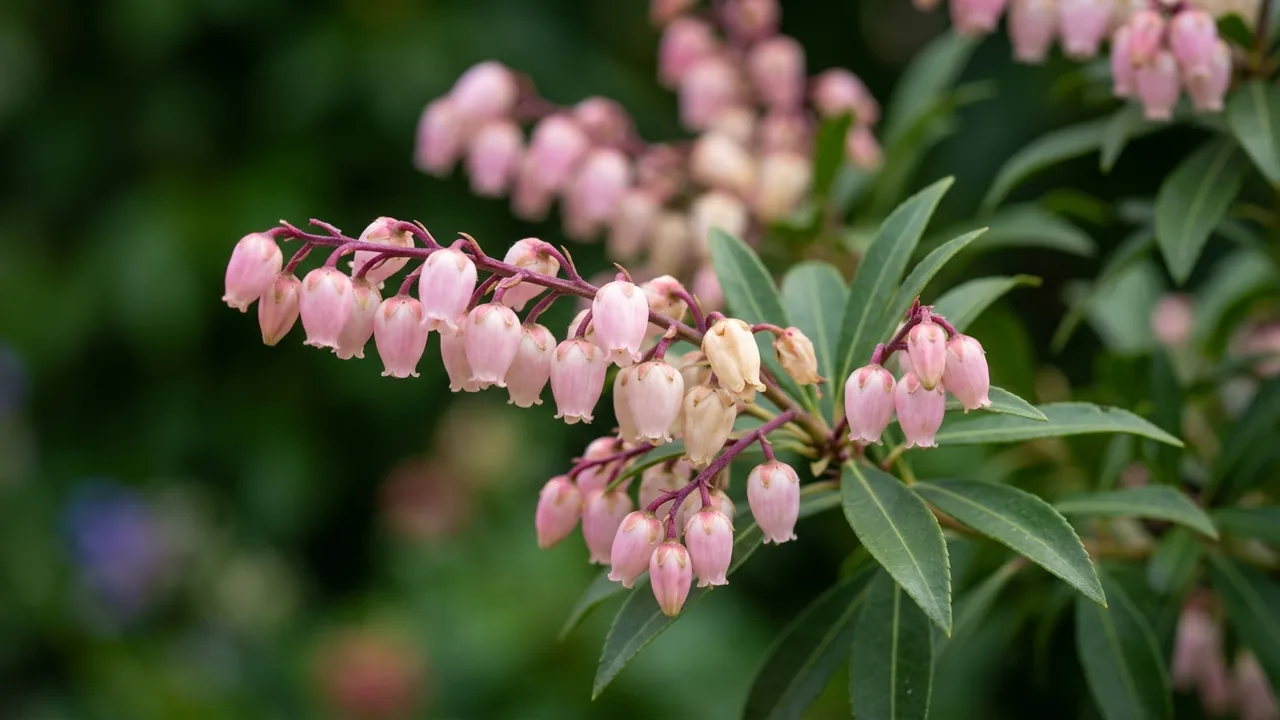 Dorothy Wycoff Pieris (Pieris japonica 'Dorothy Wyckoff') - pink flowers, illustrated plant card
