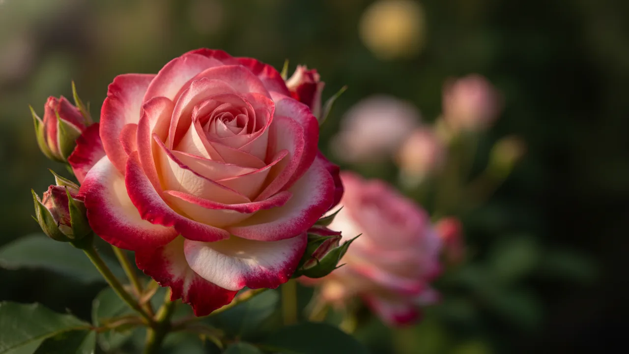 Double Delight (Rosa 'Double Delight') - red flowers, illustrated plant card
