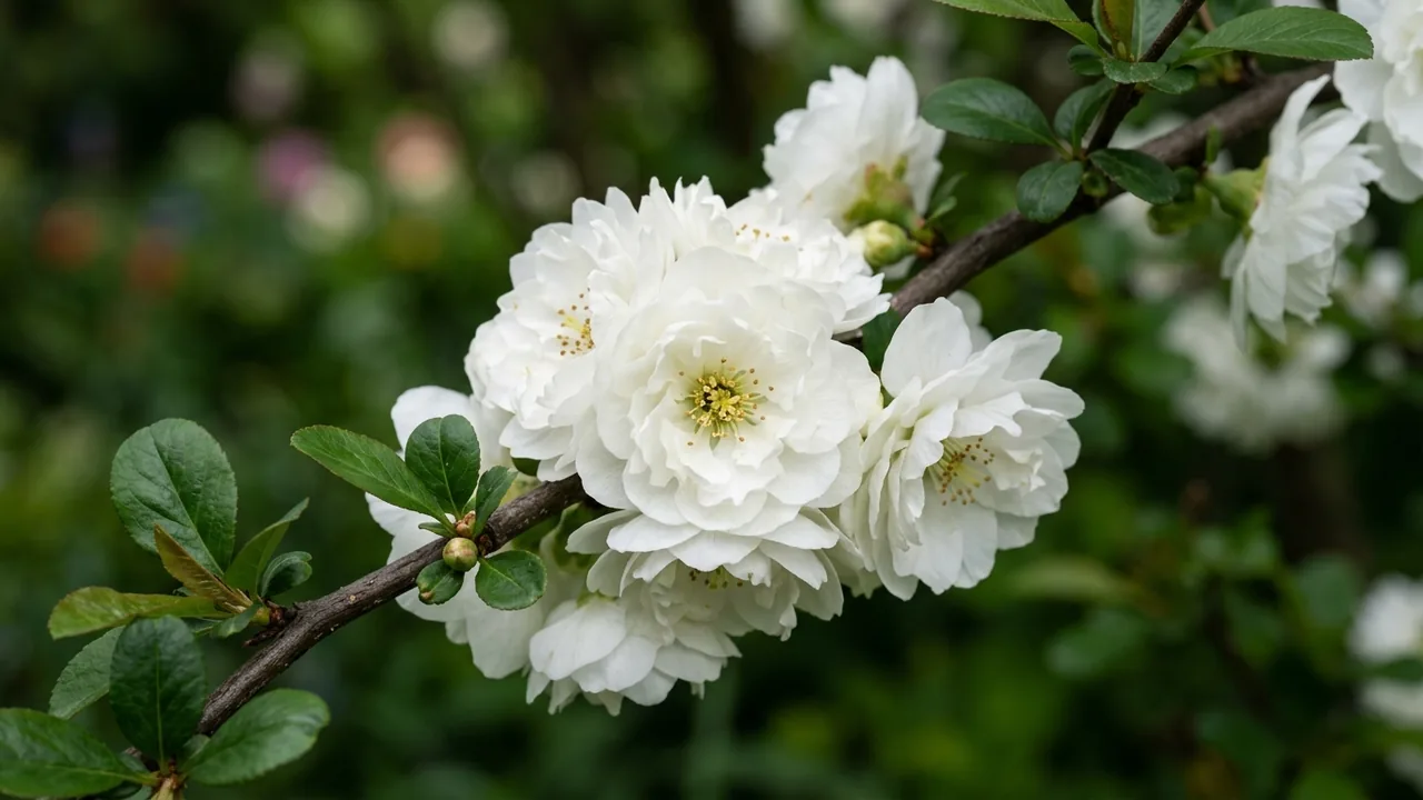 Double Take Eternal White Quince (Chaenomeles speciosa 'Smncsdw') - white flowers, illustrated plant card