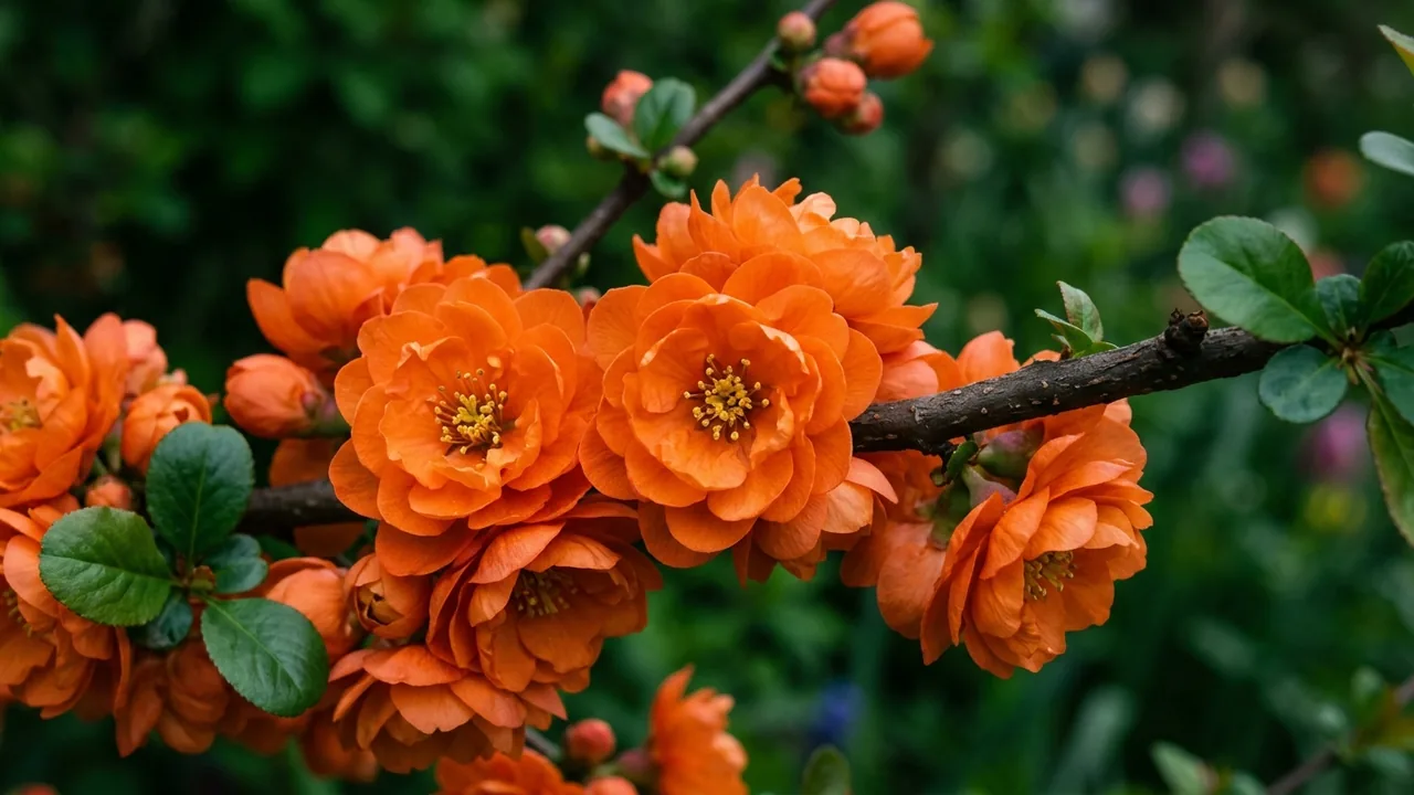 Double Take Orange Quince (Chaenomeles speciosa 'Orange Storm') - orange flowers, illustrated plant card