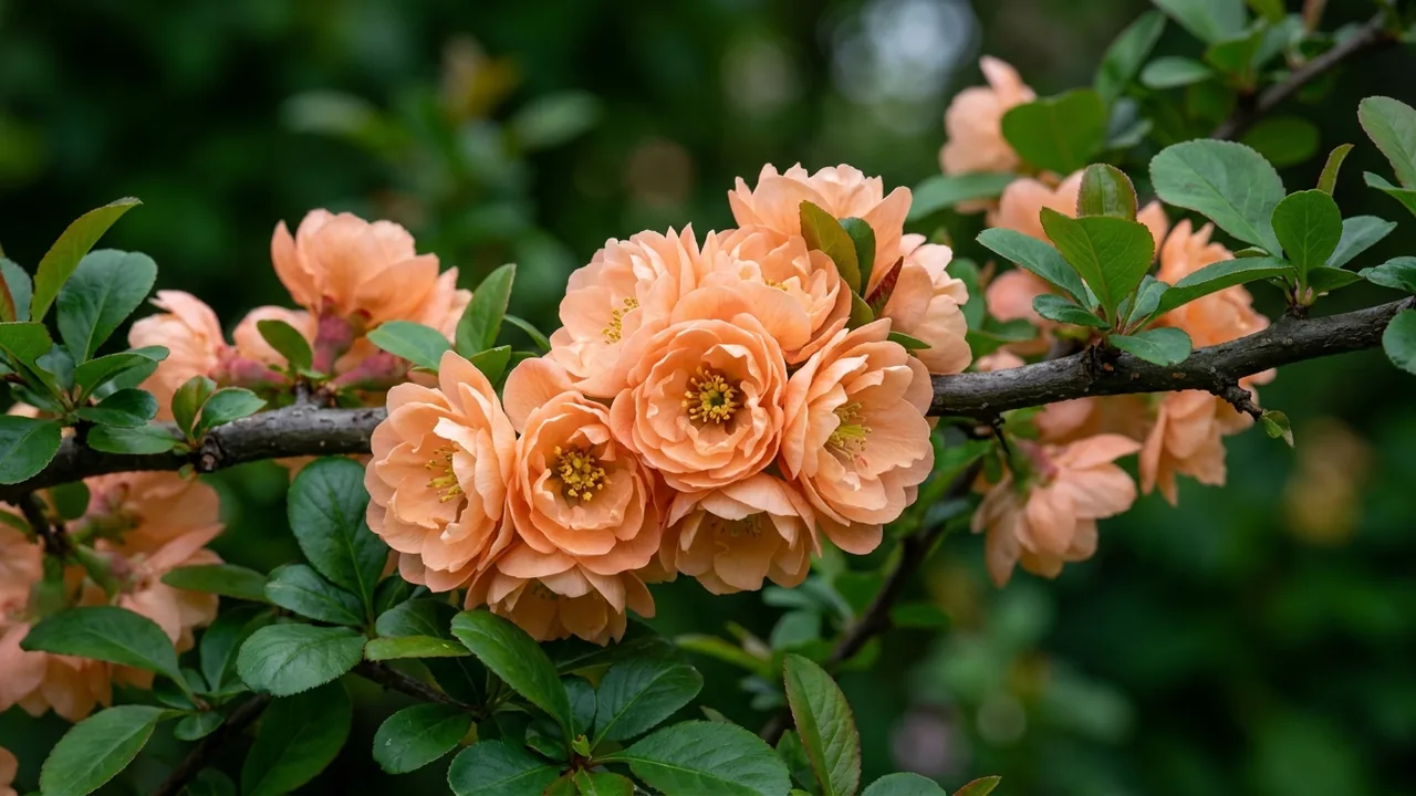 Double Take Peach Quince (Chaenomeles speciosa 'Nccs4') - orange flowers, illustrated plant card