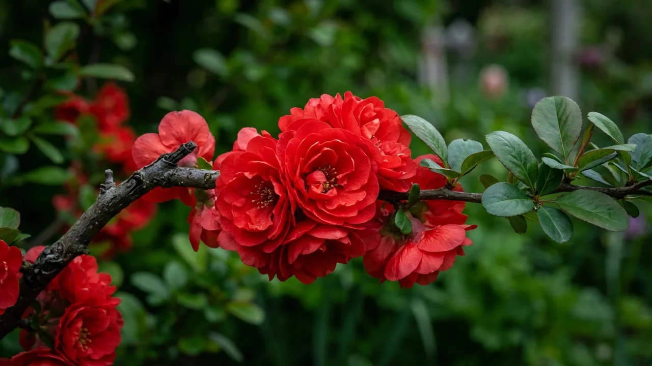 Double Take Scarlet Quince (Chaenomeles speciosa 'Scarlet Storm') - red flowers, illustrated plant card