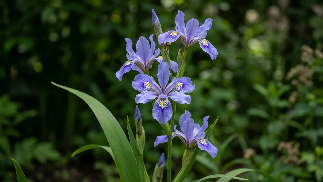 Douglas Iris (Iris douglasiana) - purple flowers, illustrated plant card