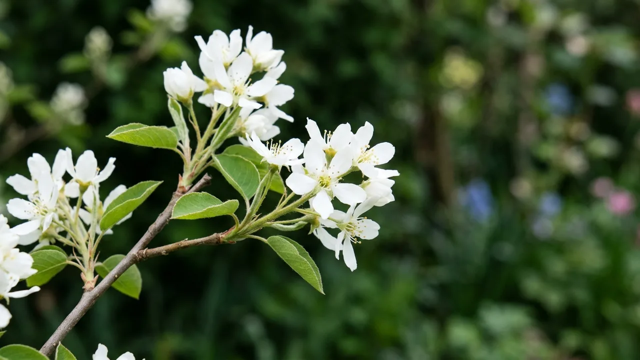 Downy Serviceberry (Amelanchier arborea) - white flowers, illustrated plant card