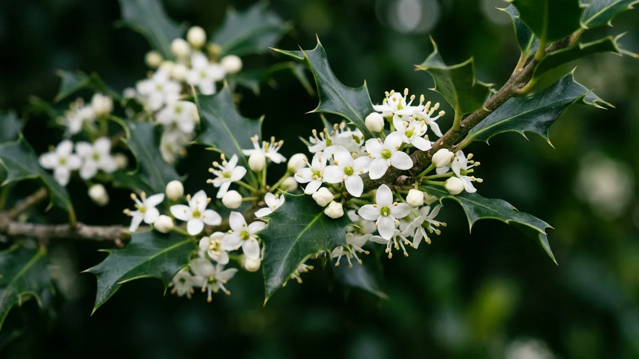 Dragon Lady Holly (Ilex × aquipernyi 'Meschick') - white flowers, illustrated plant card