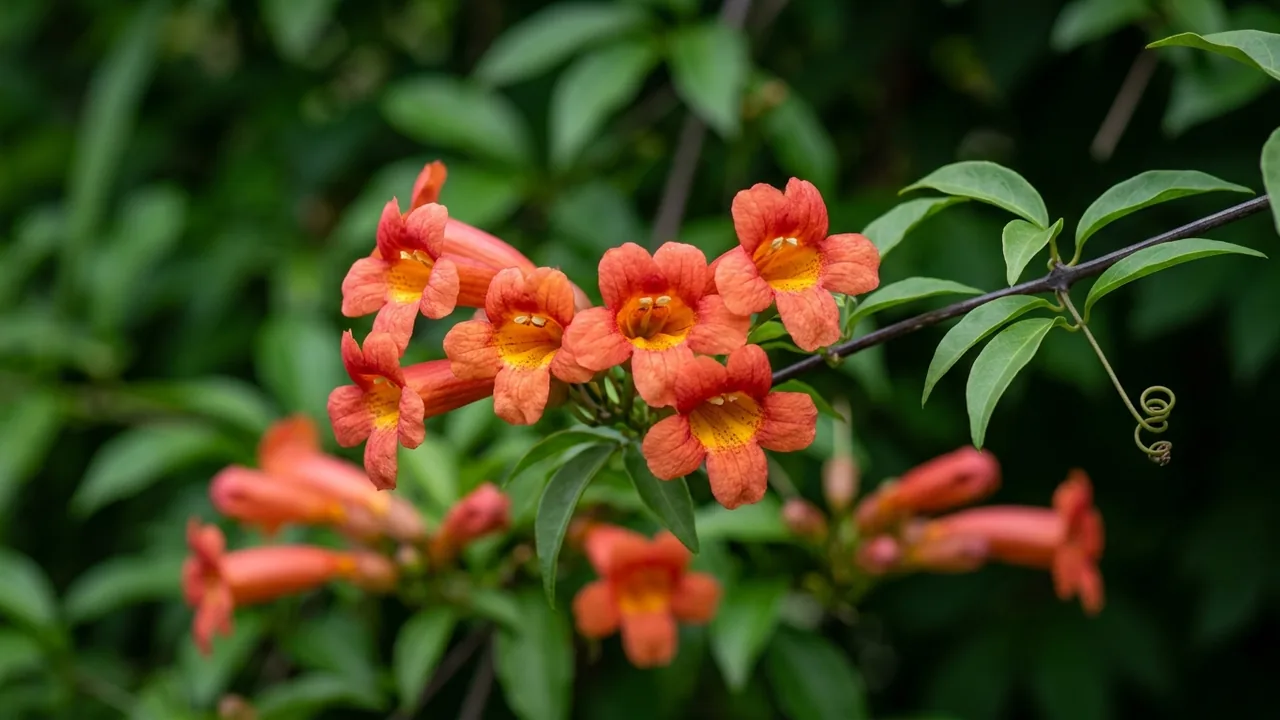 Dressed To Thrill Crossvine (Bignonia capreolata 'Smnbfw') - orange flowers, illustrated plant card
