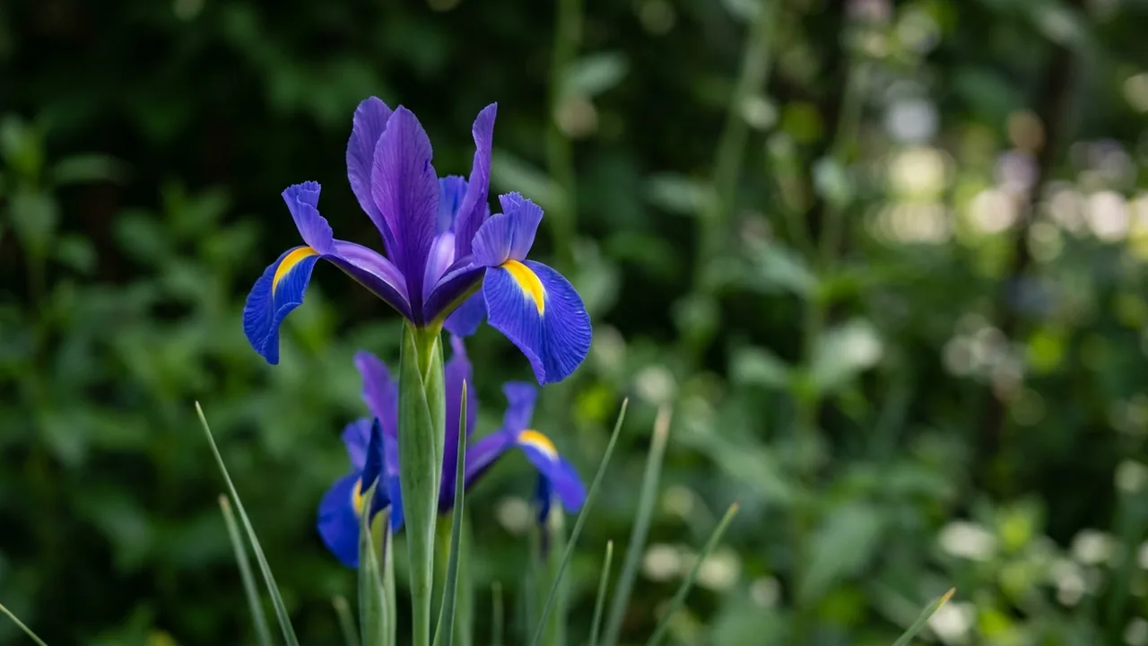 Dutch Iris Sapphire Beauty (Iris 'Sapphire Beauty') - blue flowers, illustrated plant card