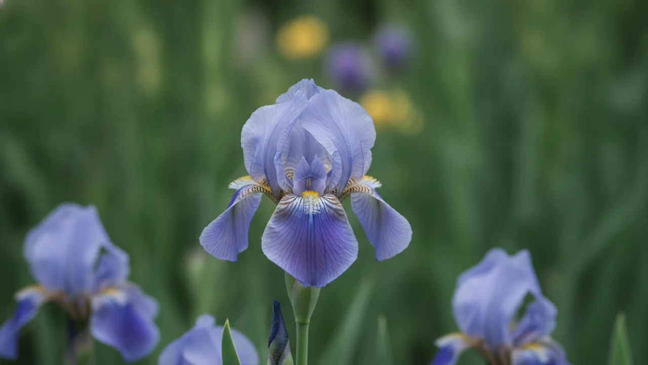 Dutch Iris (Iris × hollandica) - blue flowers, illustrated plant card