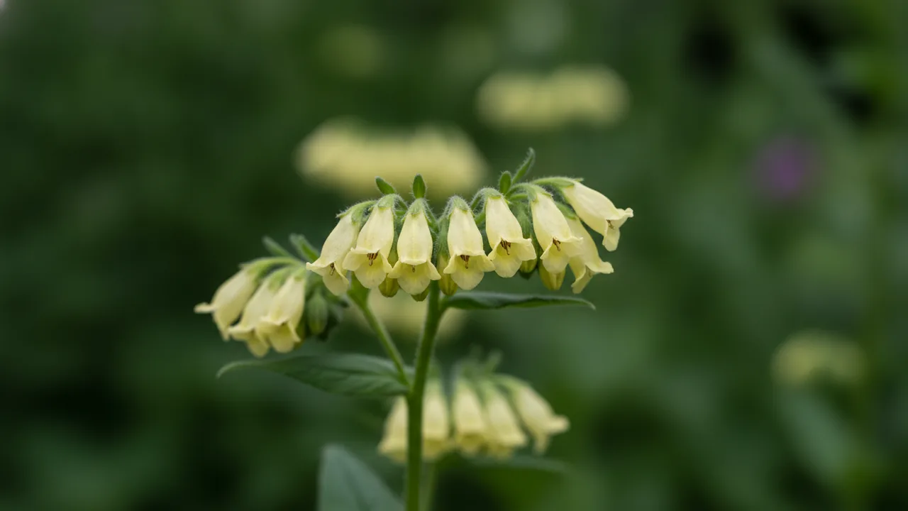 Dwarf Comfrey (Symphytum grandiflorum) - yellow flowers, illustrated plant card