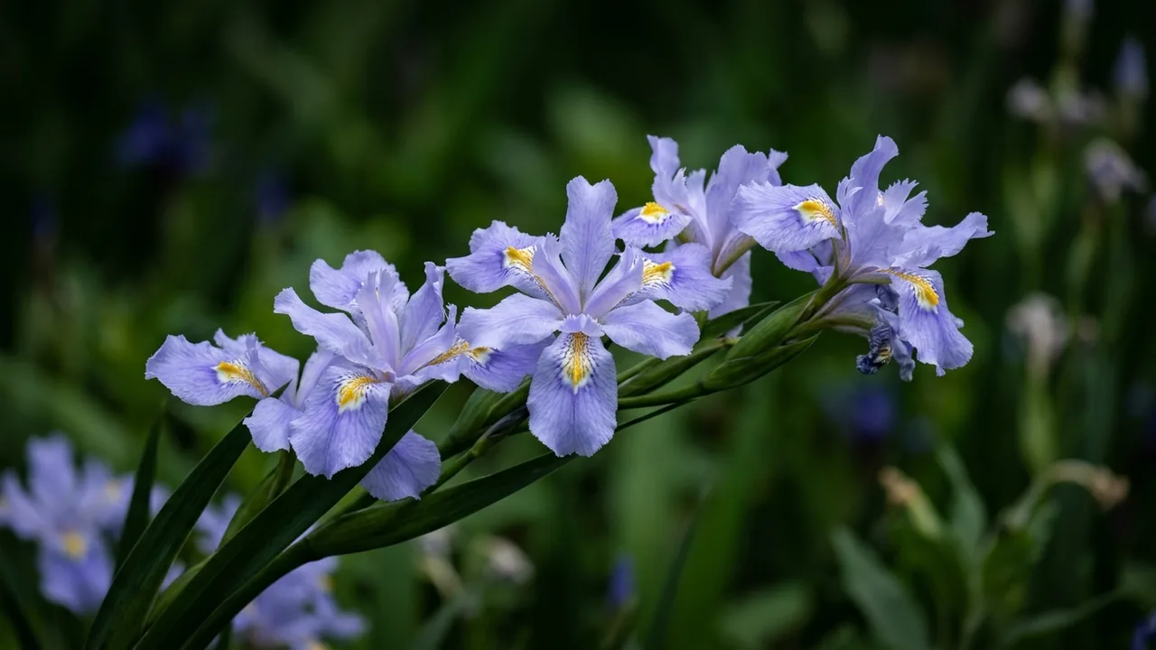 Dwarf Crested Iris (Iris cristata) - blue flowers, illustrated plant card