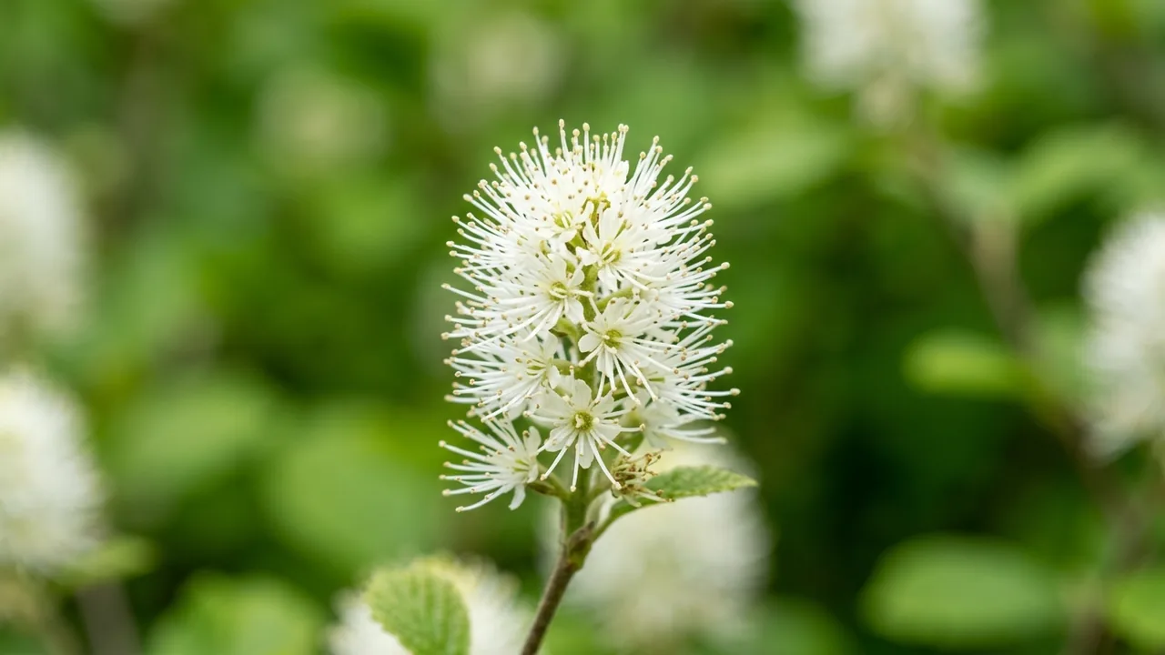 Dwarf Fothergilla (Fothergilla gardenii) - white flowers, illustrated plant card