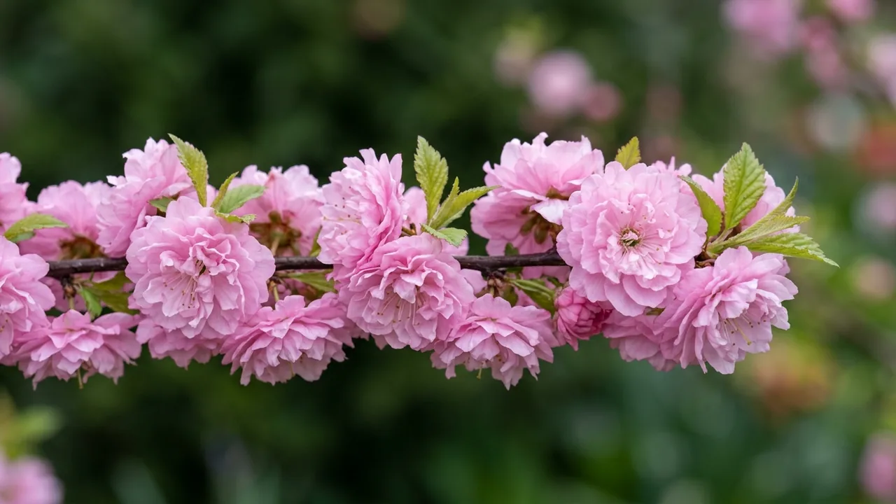 Dwarf Pink Flowering Almond (Prunus glandulosa 'Sinensis') - pink flowers, illustrated plant card