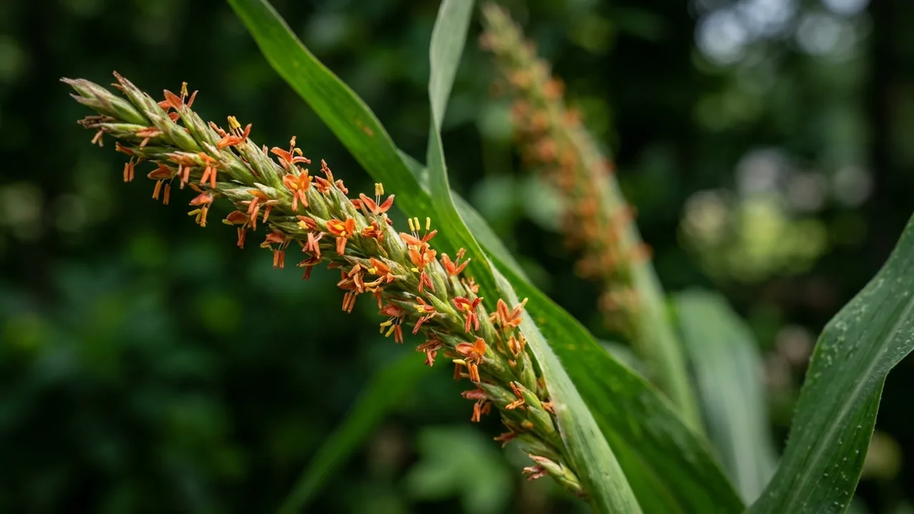 Eastern Gamagrass (Tripsacum dactyloides) - orange flowers, illustrated plant card