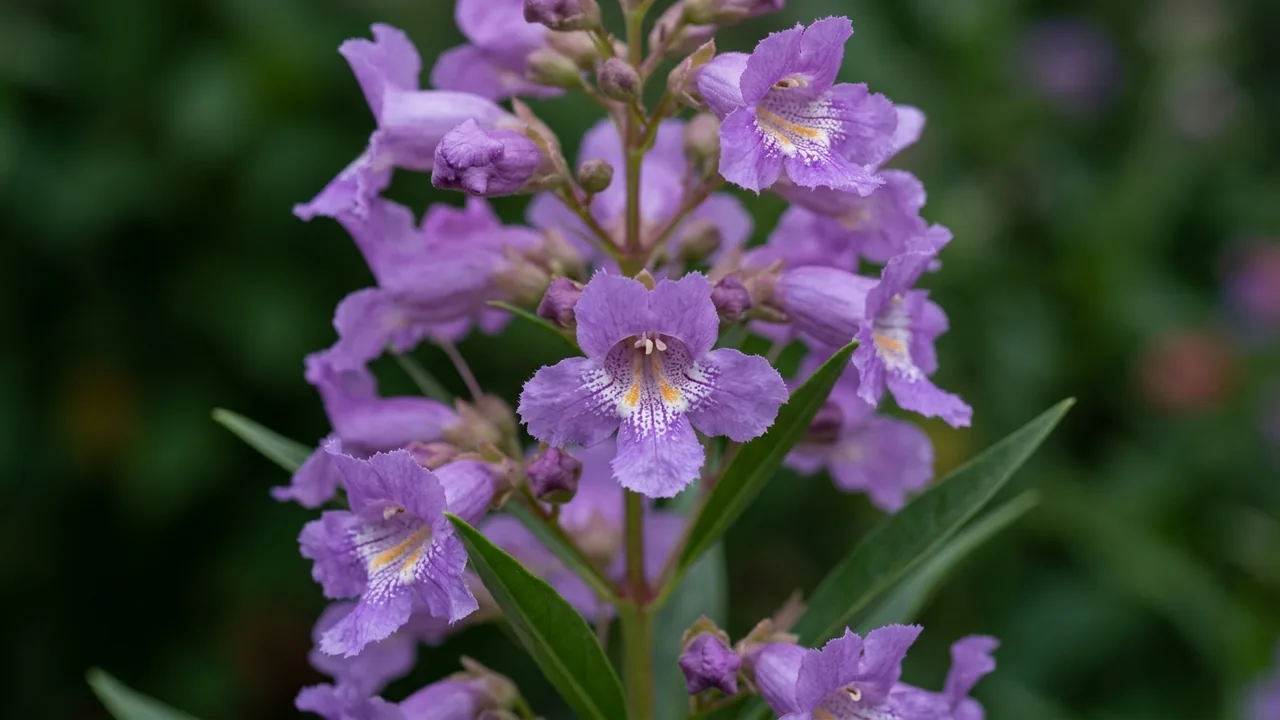 El Niño Desert Orchid (× Chitalpa tashkentensis 'Ncxc1') - purple flowers, illustrated plant card