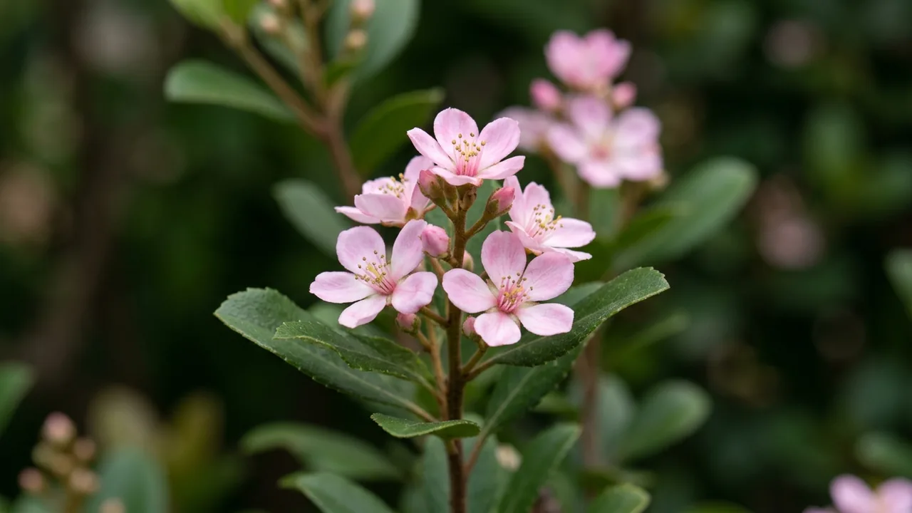 Eleanor Taber Indian Hawthorn (Rhaphiolepis indica 'Conor') - pink flowers, illustrated plant card