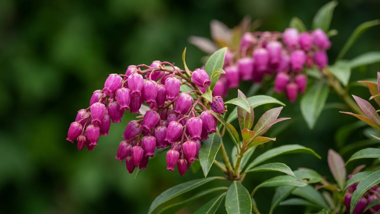 Enchanted Forest Gay Goblin Pieris (Pieris japonica 'Cabernet') - pink flowers, illustrated plant card