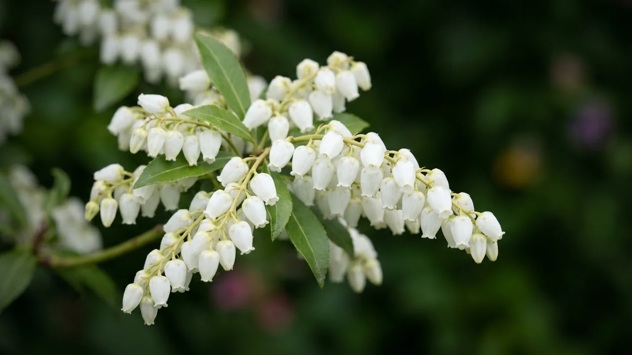 Enchanted Forest River Run Pieris (Pieris japonica 'River Run') - white flowers, illustrated plant card