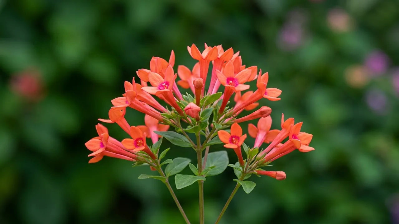 Estrellita Little Star Firecracker Bush (Bouvardia 'Winbueslst') - orange flowers, illustrated plant card