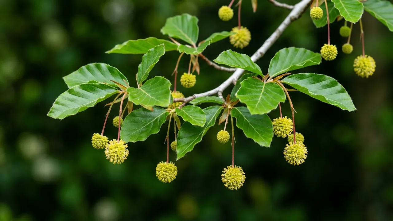 European Beech (Fagus sylvatica) - yellow flowers, illustrated plant card