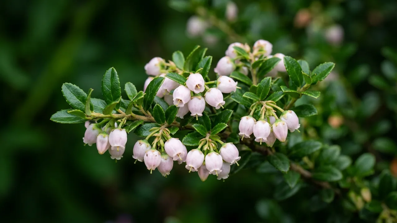 Evergreen Huckleberry (Vaccinium ovatum) - pink flowers, illustrated plant card