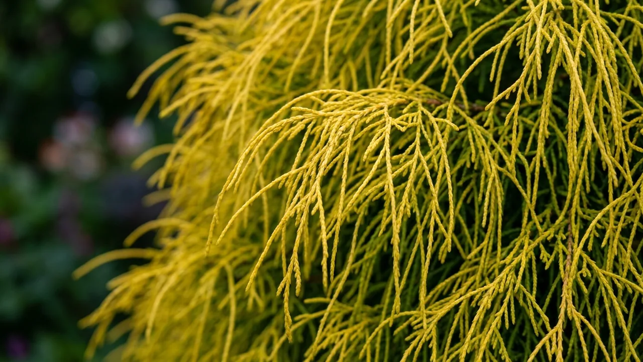 Golden Mop False Cypress (Chamaecyparis pisifera 'Golden Mop') - foliage plant, illustrated plant card